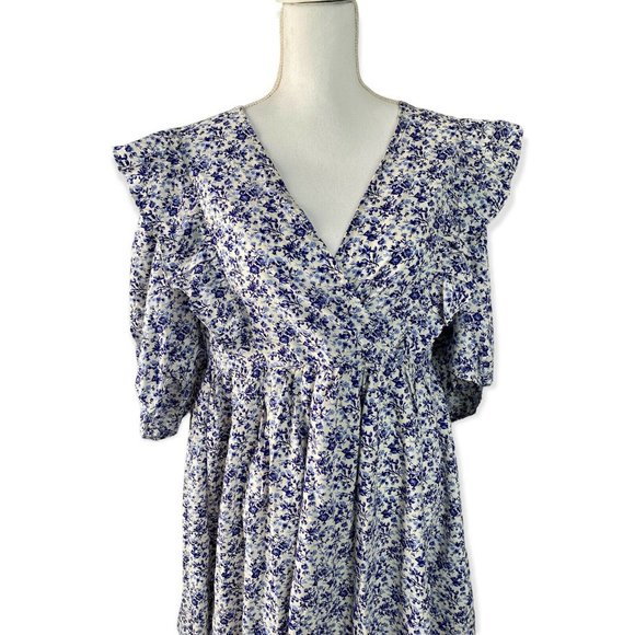 H&M Women’s Blue and White Floral Anglaise Puffed Sleeves Oversized Mini Dress M - Picture 8 of 11